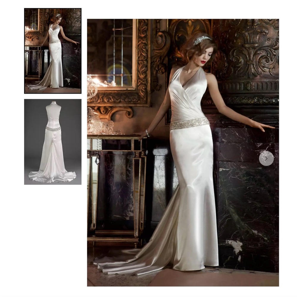 David’s Bridal off white satin halter wedding dress with accessories